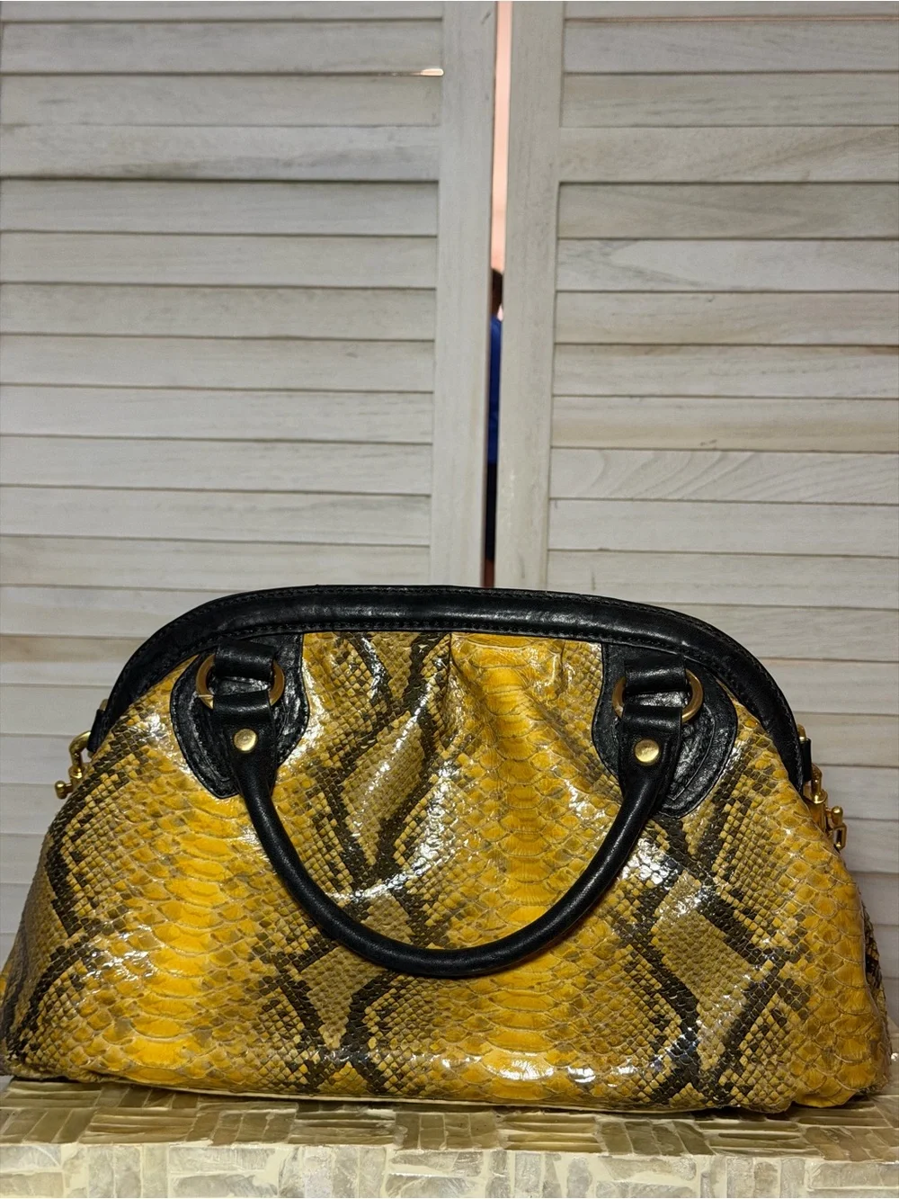 Elaine Turner Yellow Retro Snake-Print Satchel Handbag with Black Trim